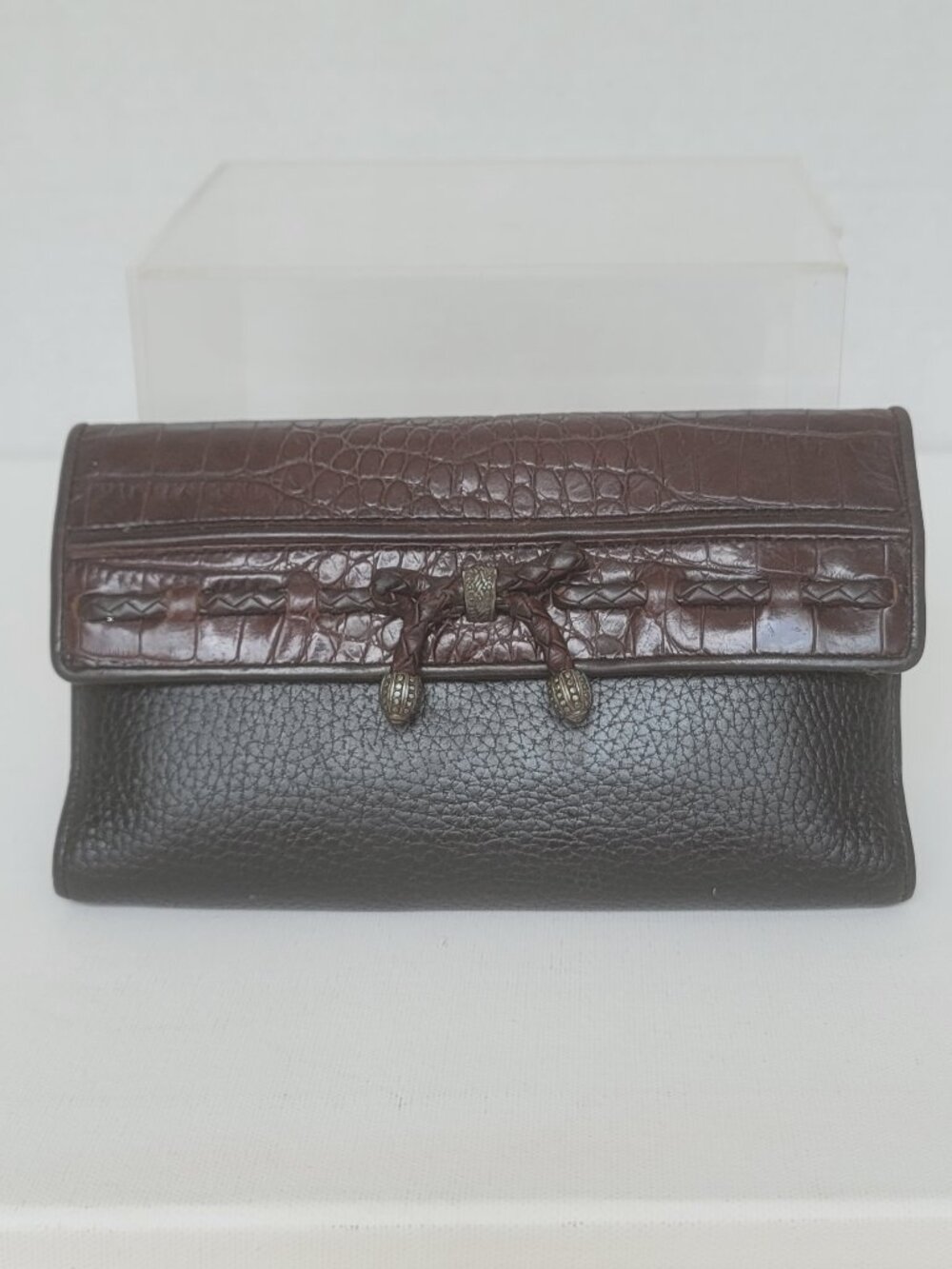 Vintage Brighton Brown Black Leather Croc-Embossed Tri-Fold Organizer Wallet